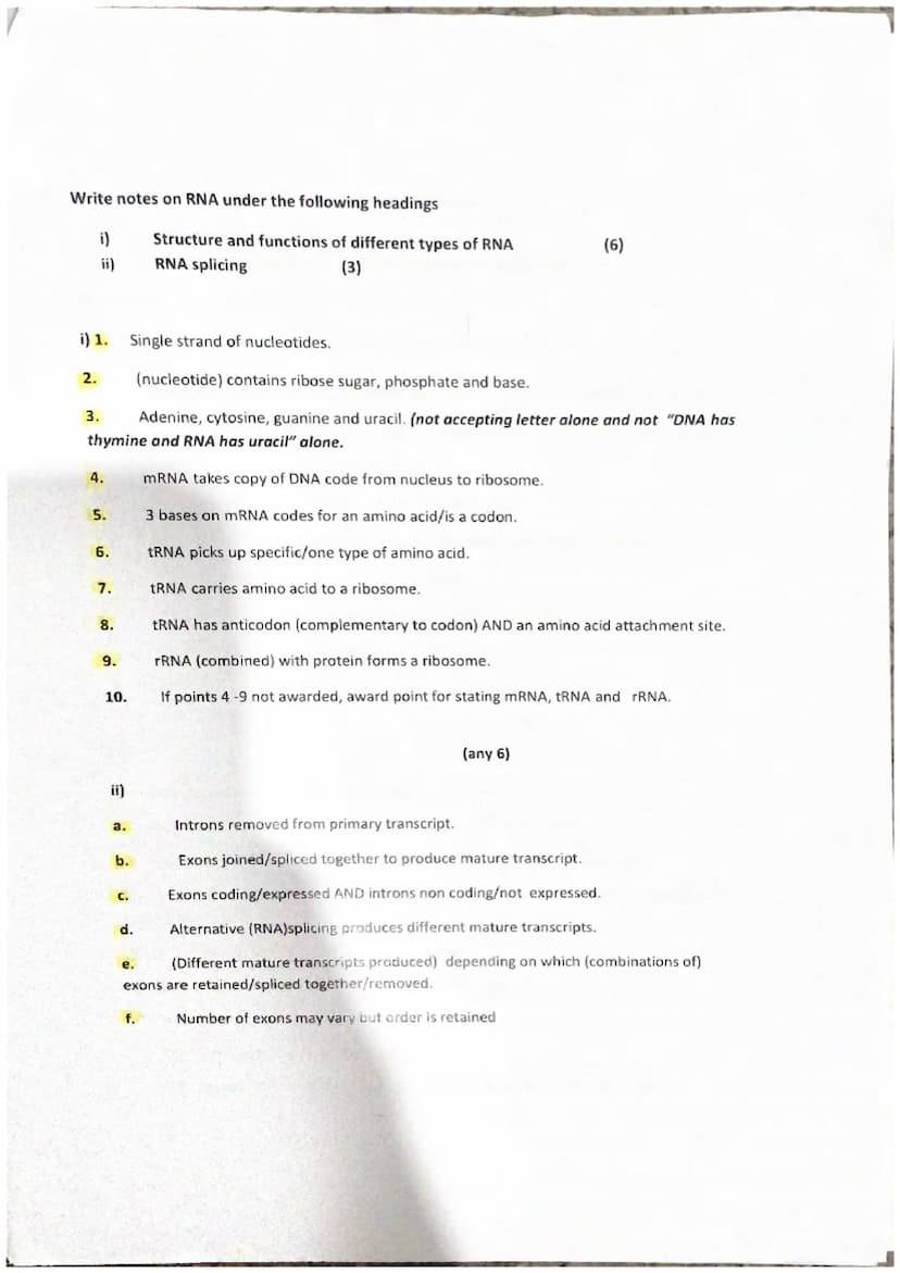 Describe DNA under the following headings
(9)
i)
Structure of DNA (5)
ii)
Replication of DNA (4)
1 double strand of nucleotides/double helix