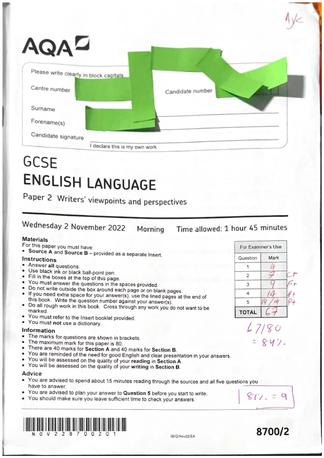AQA
Please write clearly in block capitals.
Centre number
Surname
Forename(s)
Candidate signature
I declare this is my own work.
Candidate n
