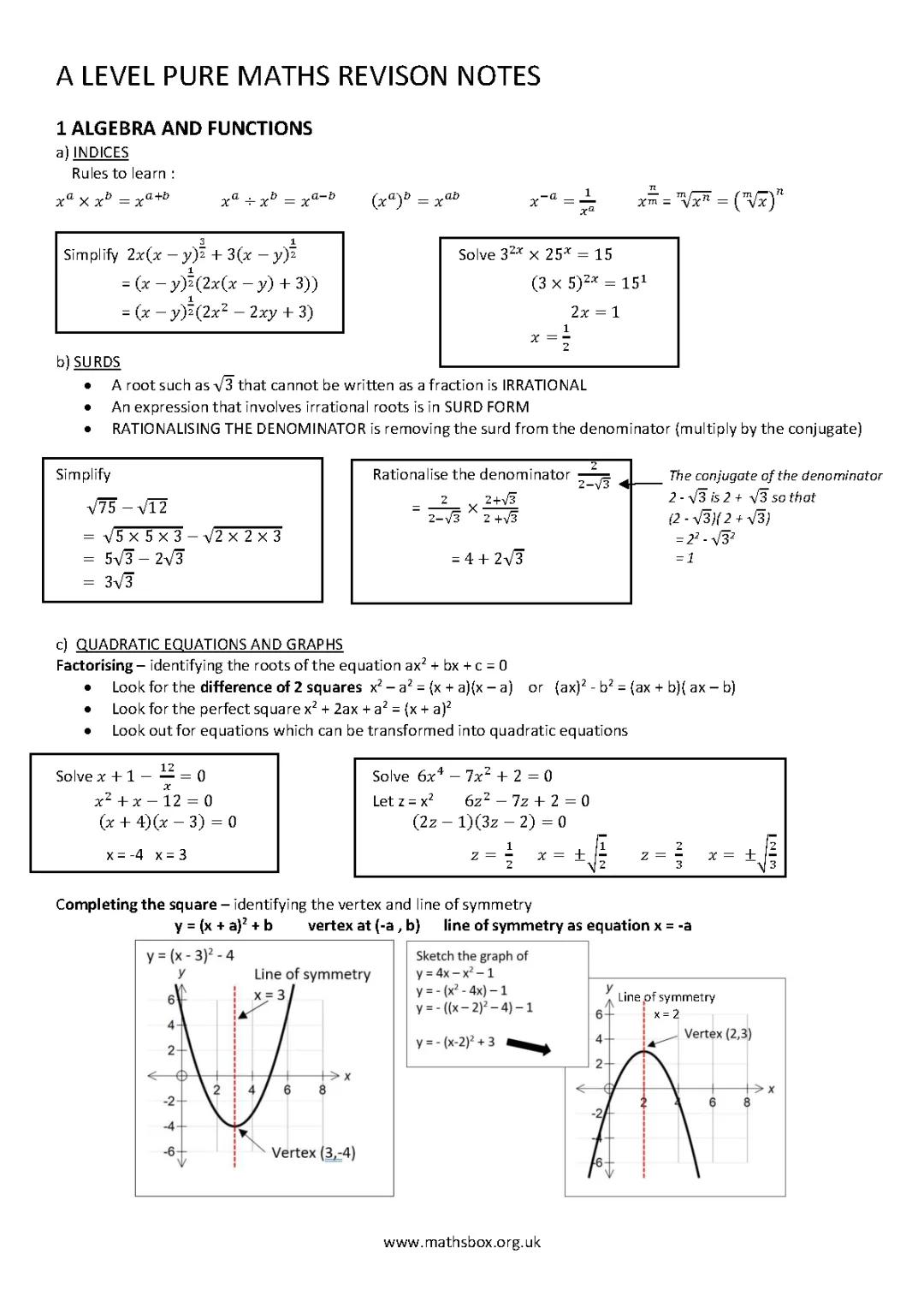 A Level Pure Maths Revision Notes PDF: Algebra, Functions, and Surds Simplified!