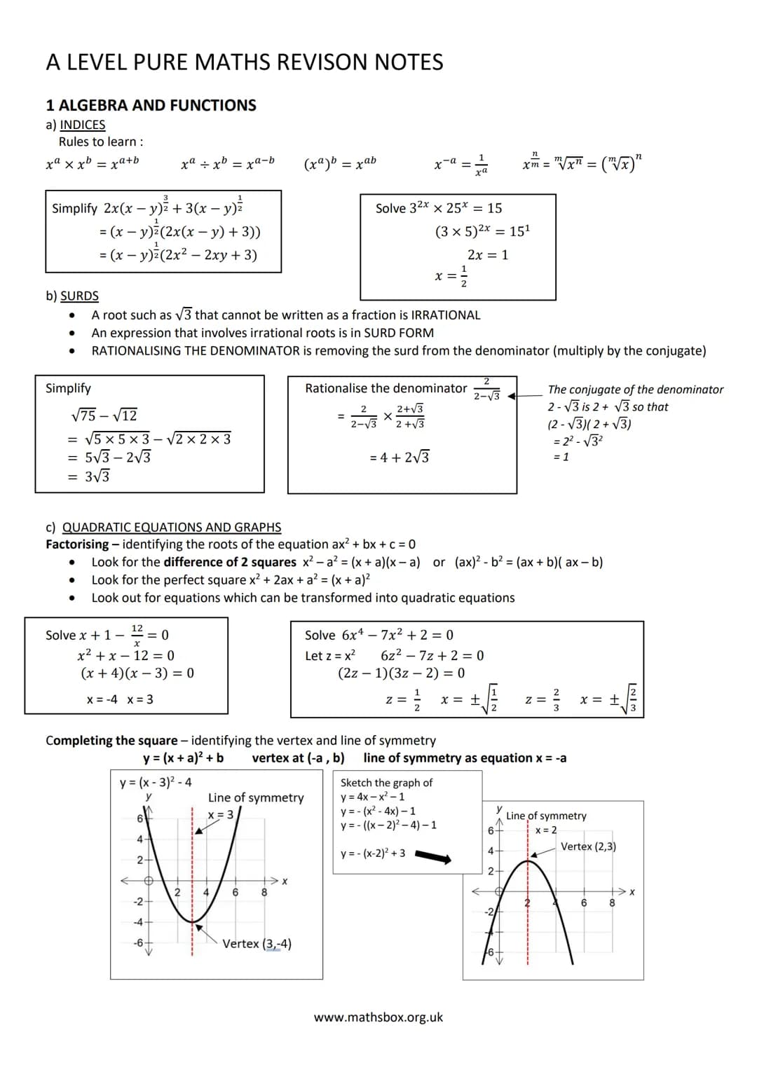 A LEVEL PURE MATHS REVISON NOTES
1 ALGEBRA AND FUNCTIONS
a) INDICES
Rules to learn :
xa xxb = xa+b
Simplify 2x(x - y)² + 3(x − y)²
= (x - y)