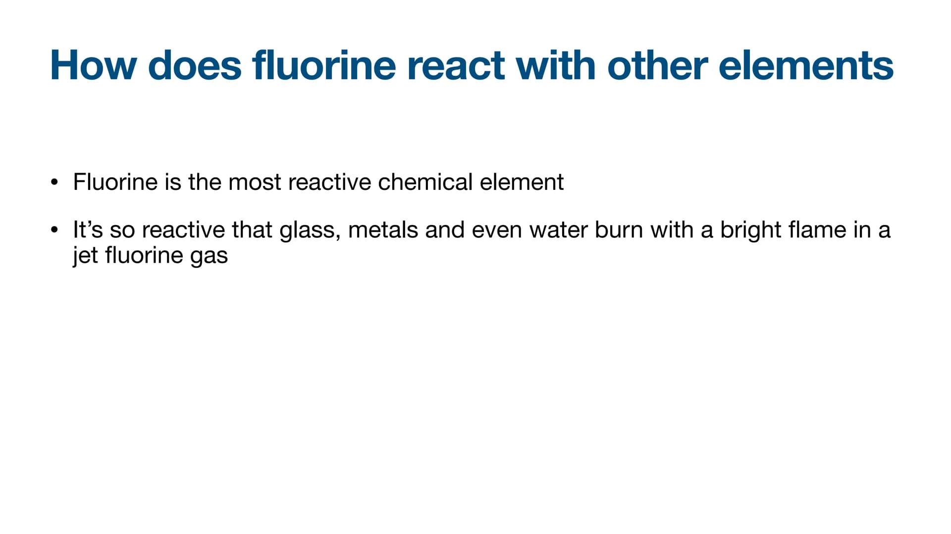 Fluorine
By Precious
9
TI
Fluorine
18.9984 Fluorine
●
●
It's symbol is F
And it's atomic number is 9 Who discovered Fluorine
●
Fluorine was 