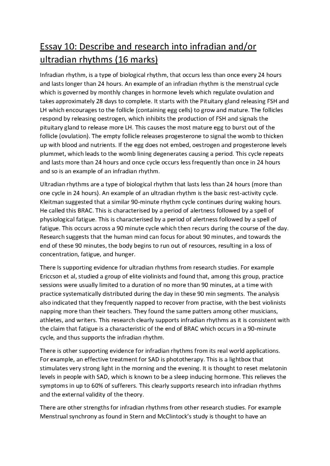 AQA Psychology, Biopsychology, Essay 10: Describe and evaluate research into Infradian and/ or Ultradian rhythms.