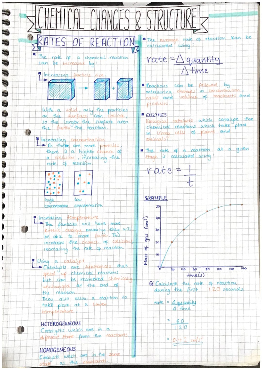 M
CHEMICAL CHANGES & STRUCTURE
RATES OF REACTION calculated using
The rate of
can be increased by:
A Increasing particle size.
With a solid,