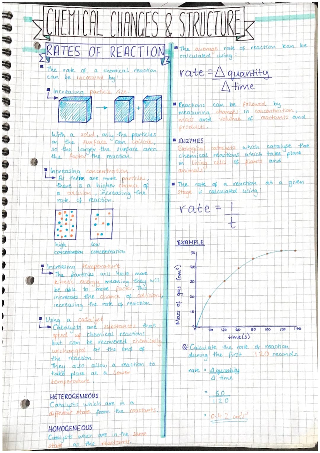 M
CHEMICAL CHANGES & STRUCTURE
RATES OF REACTION calculated using
The rate of
can be increased by:
A Increasing particle size.
With a solid,