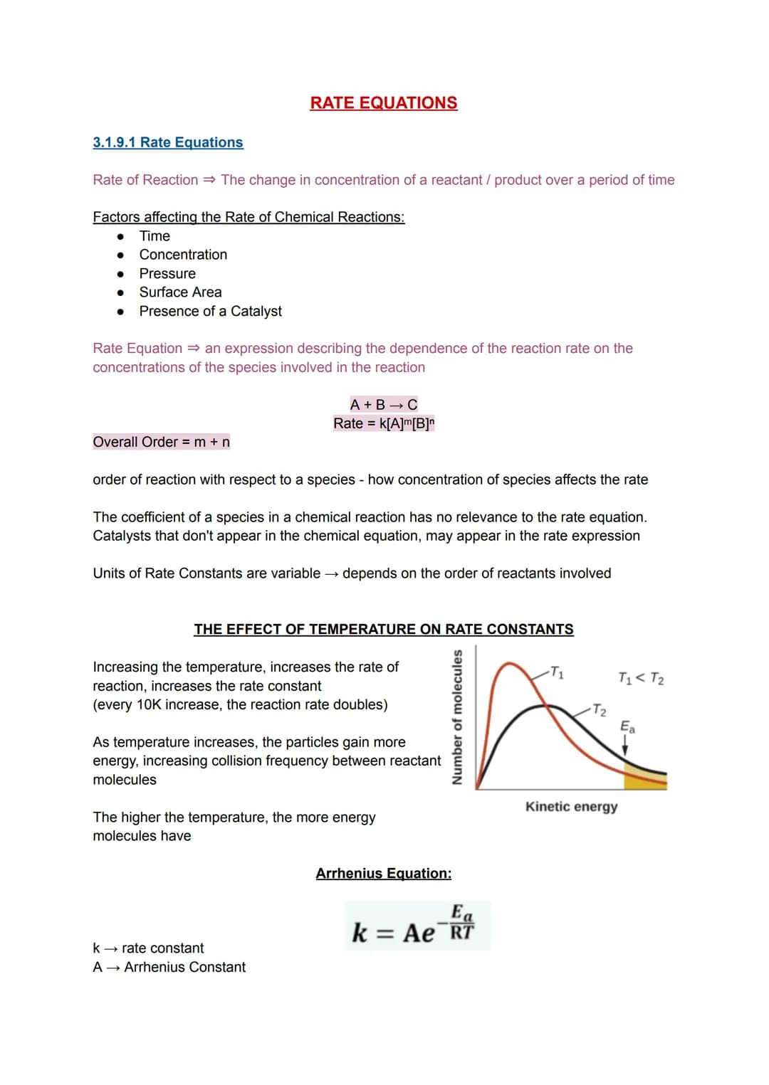 3.1.9.1 Rate Equations
Rate of Reaction The change in concentration of a reactant / product over a period of time
Factors affecting the Rate