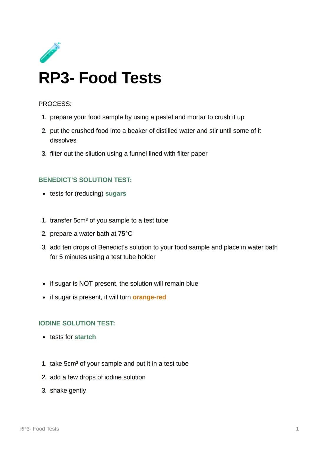 RP3- Food Tests
PROCESS:
1. prepare your food sample by using a pestel and mortar to crush it up
2. put the crushed food into a beaker of di