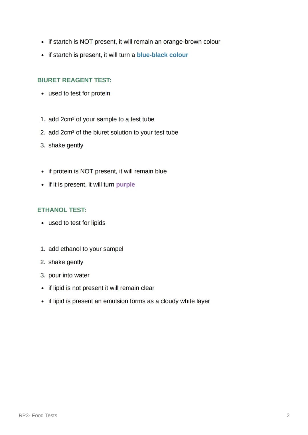 RP3- Food Tests
PROCESS:
1. prepare your food sample by using a pestel and mortar to crush it up
2. put the crushed food into a beaker of di