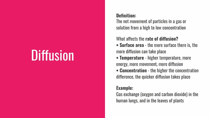 Diffusion, Osmosis and Active
Transport
Definitions and Examples Diffusion
Definition:
The net movement of particles in a gas or
solution fr