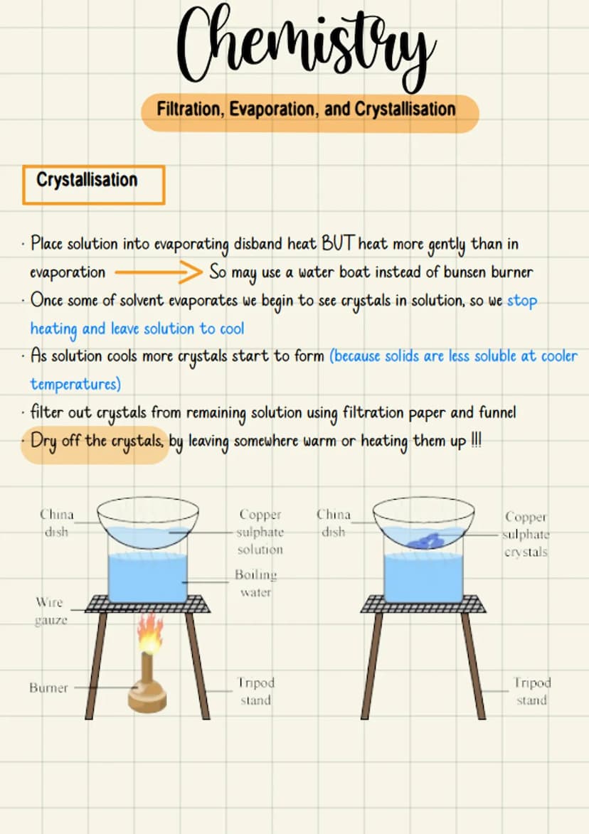 Crystallisation
Place solution into evaporating disband heat BUT heat more gently than in
evaporation
So
may
use a water boat instead of bun