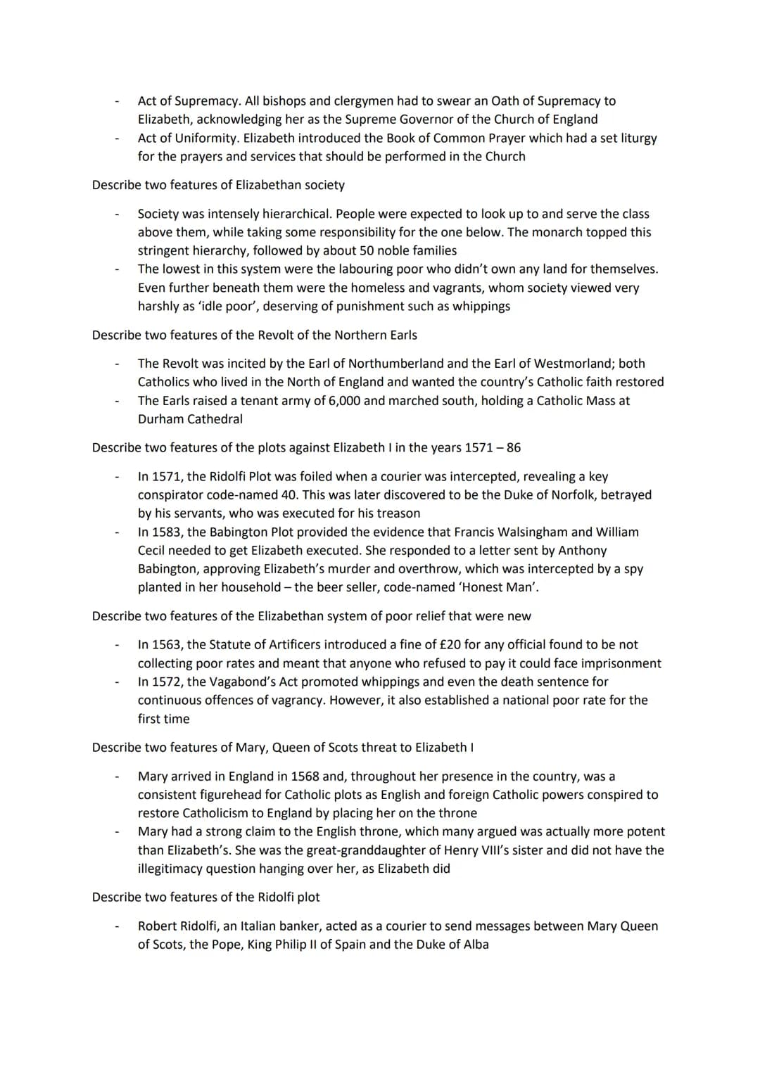 Elizabethan England Final Preparation
Specimen Paper
Describe two features of Drake's Raid on Cadiz
Drake destroyed 29 Spanish ships and 160
