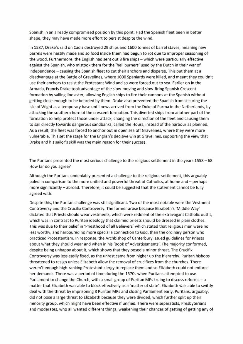 Elizabethan England Final Preparation
Specimen Paper
Describe two features of Drake's Raid on Cadiz
Drake destroyed 29 Spanish ships and 160