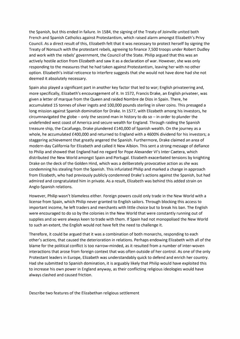Elizabethan England Final Preparation
Specimen Paper
Describe two features of Drake's Raid on Cadiz
Drake destroyed 29 Spanish ships and 160