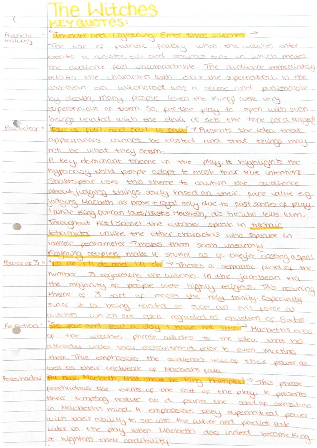Pathetic
fallacey
The Witches
KEY QUOTES:
"Thunder and Lightning. Enter three witches →
of
pathetic fallacy when the witches enter
a shister