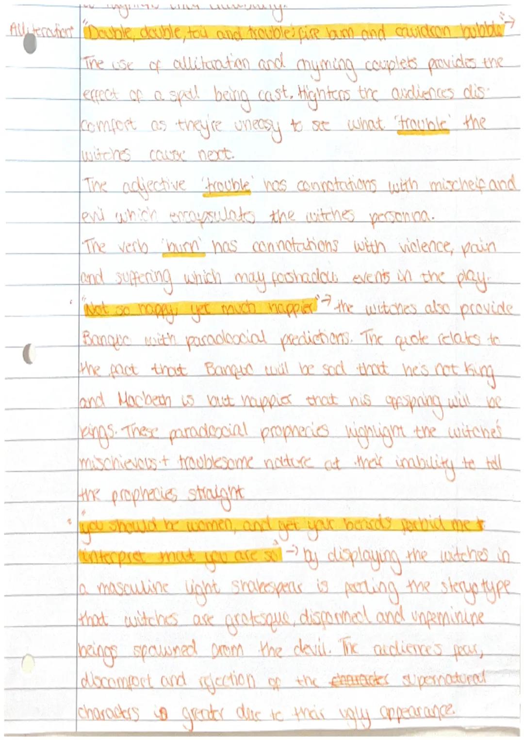 Pathetic
fallacey
The Witches
KEY QUOTES:
"Thunder and Lightning. Enter three witches →
of
pathetic fallacy when the witches enter
a shister