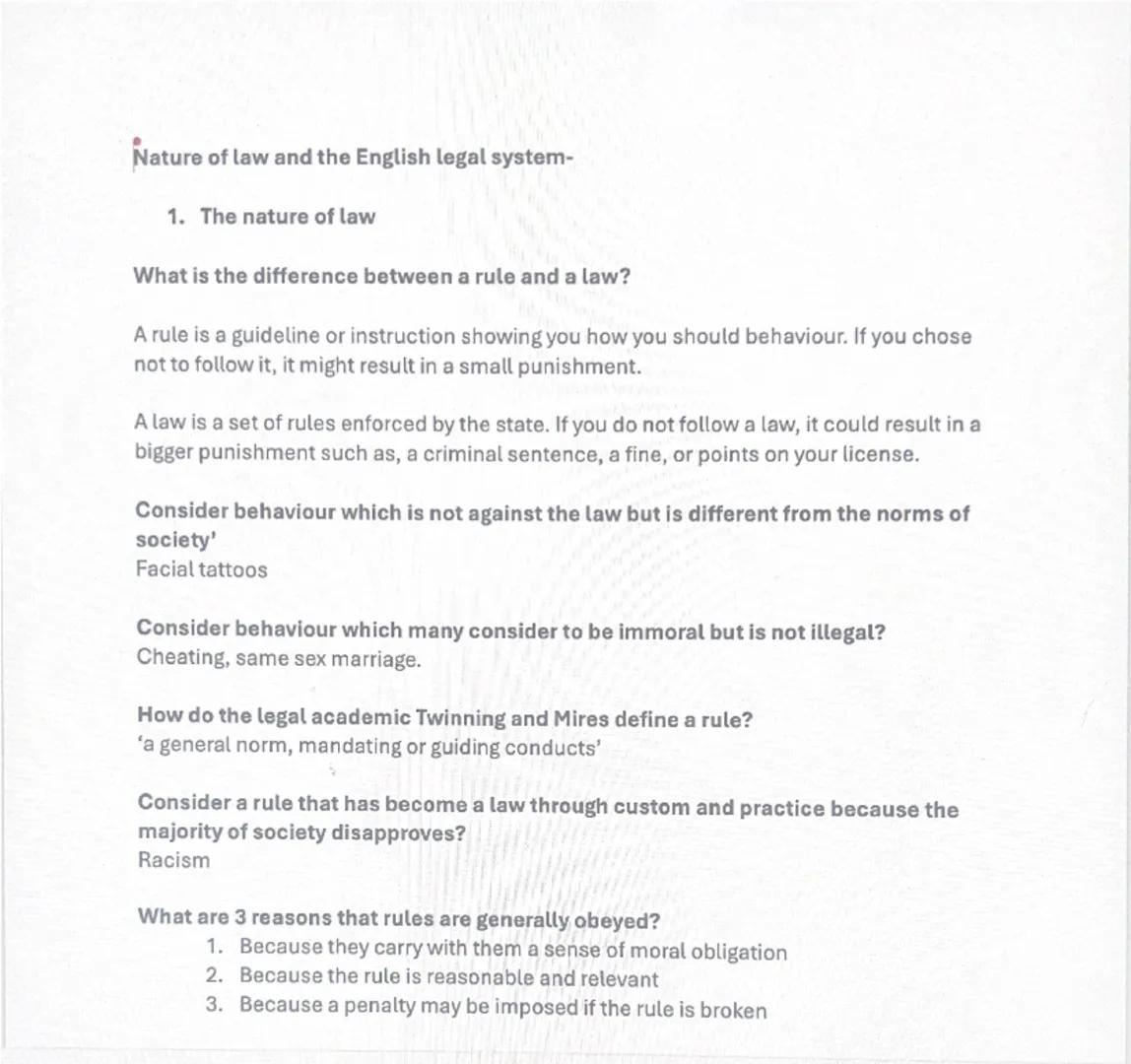 Nature of law and the English legal system-
1. The nature of law
What is the difference between a rule and a law?
A rule is a guideline or i