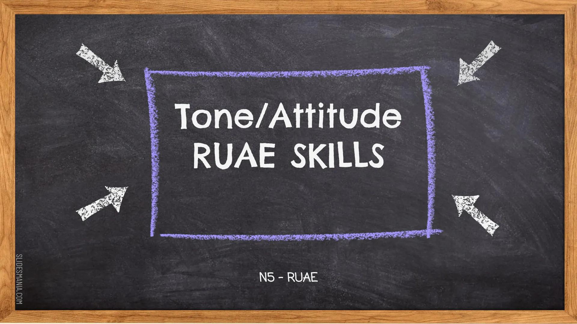 SLIDESMANIA.COM
Tone/Attitude
RUAE SKILLS
N5 - RUAE SLIDESMANIA.COM
What are we aiming
for?
Identifying tone/attitude
Developing the vocab t