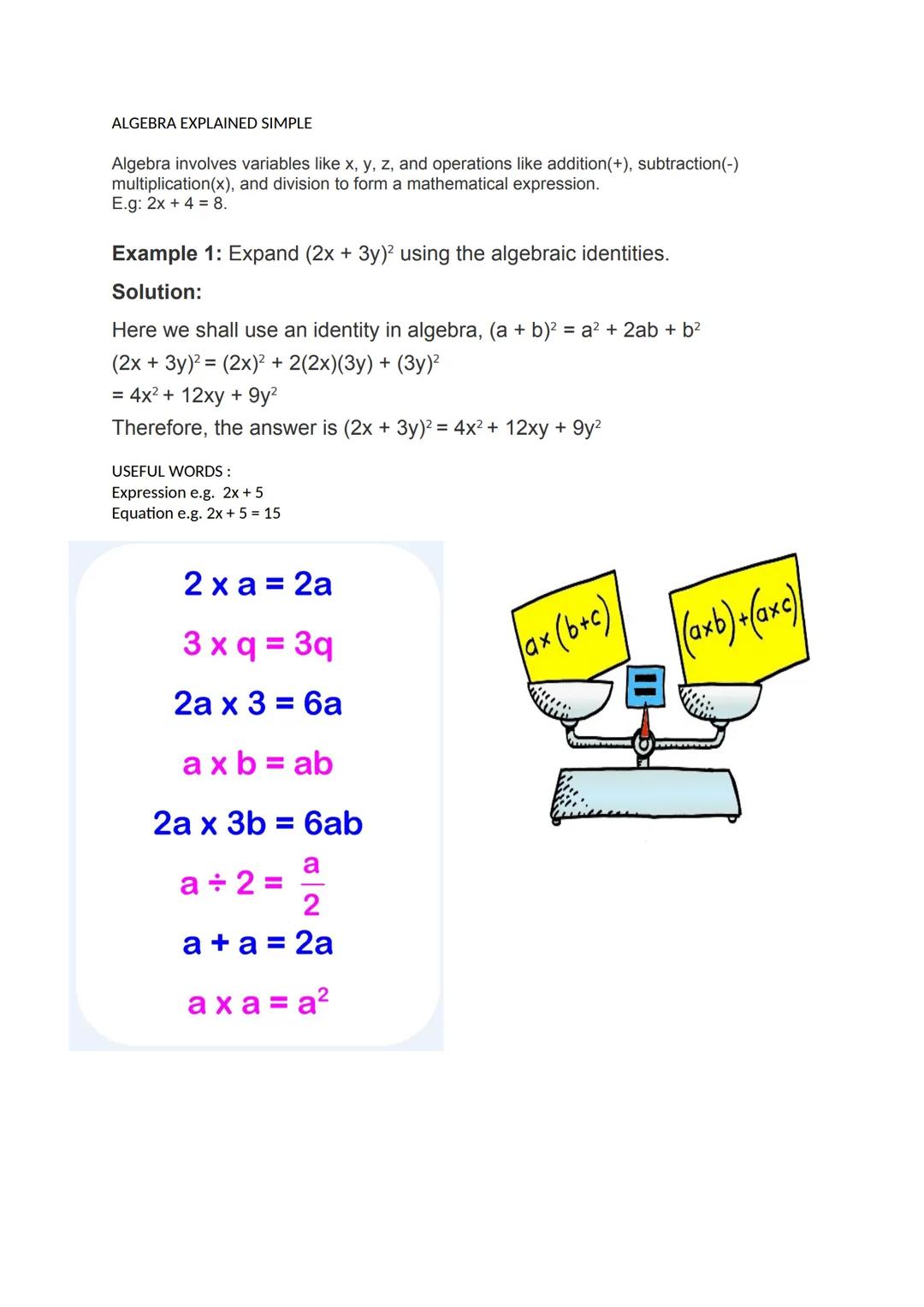 ALGEBRA EXPLAINED SIMPLE
Algebra involves variables like x, y, z, and operations like addition(+), subtraction(-)
multiplication(x), and div