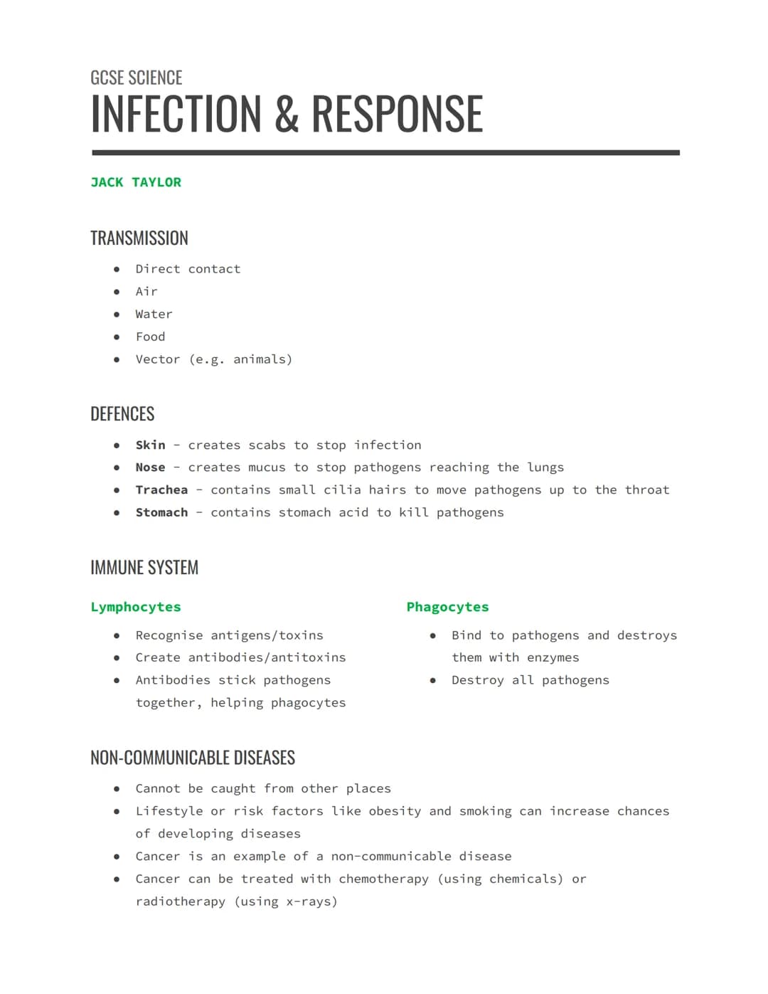 GCSE SCIENCE
INFECTION & RESPONSE
JACK TAYLOR
TRANSMISSION
●
● Air
● Water
Food
● Vector (e.g. animals)
●
Direct contact
DEFENCES
●
Skin
cre