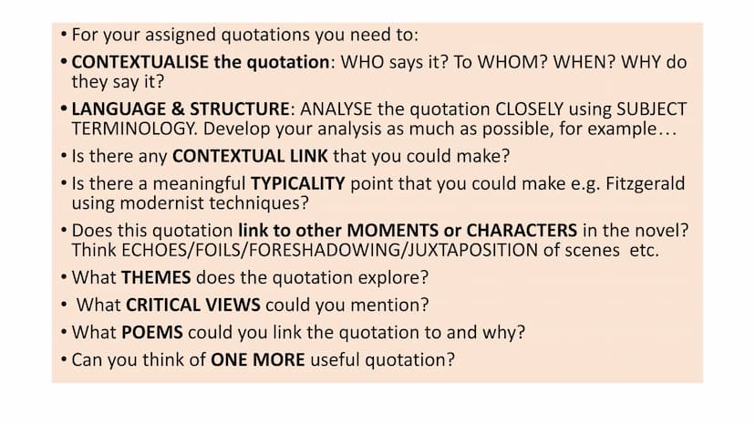 Great Gatsby in 20
quotations • For your assigned quotations you need to:
●
• CONTEXTUALISE the quotation: WHO says it? To WHOM? WHEN? WHY d