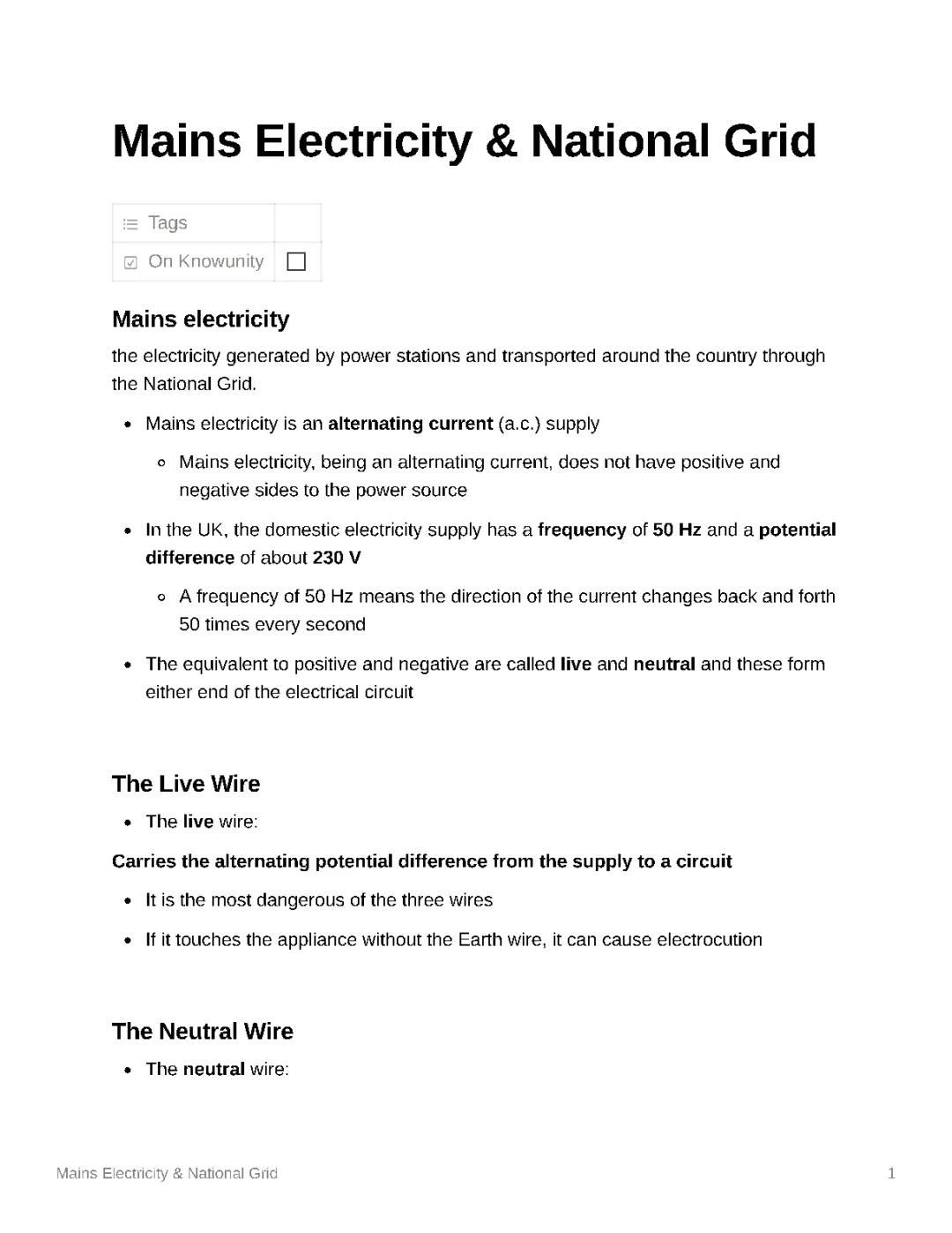 Mains Electricity and national grid 