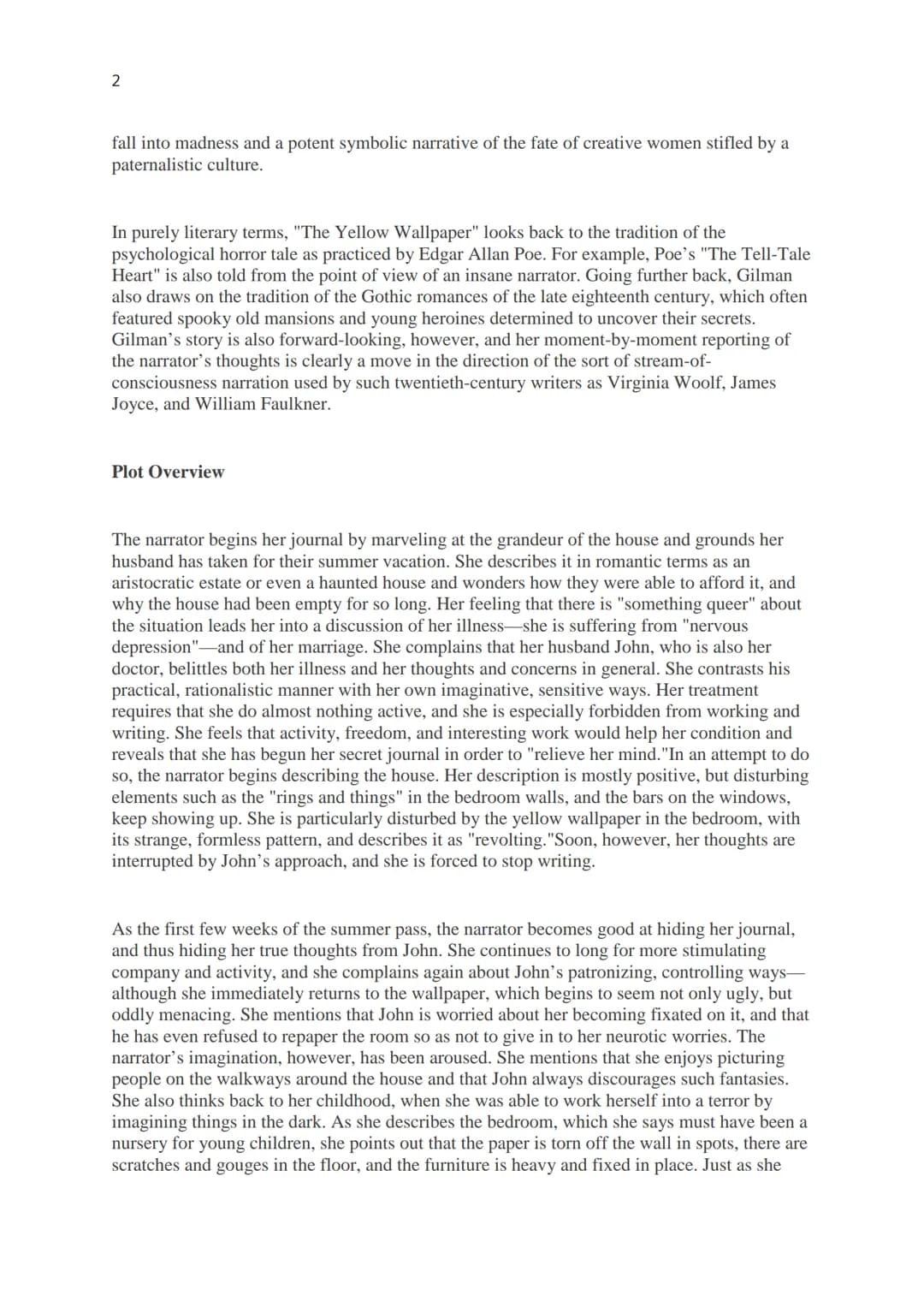 1
The Yellow Wallpaper Sparknote
Context
Charlotte Perkins Gilman was best known in her time as a crusading journalist and feminist
intellec