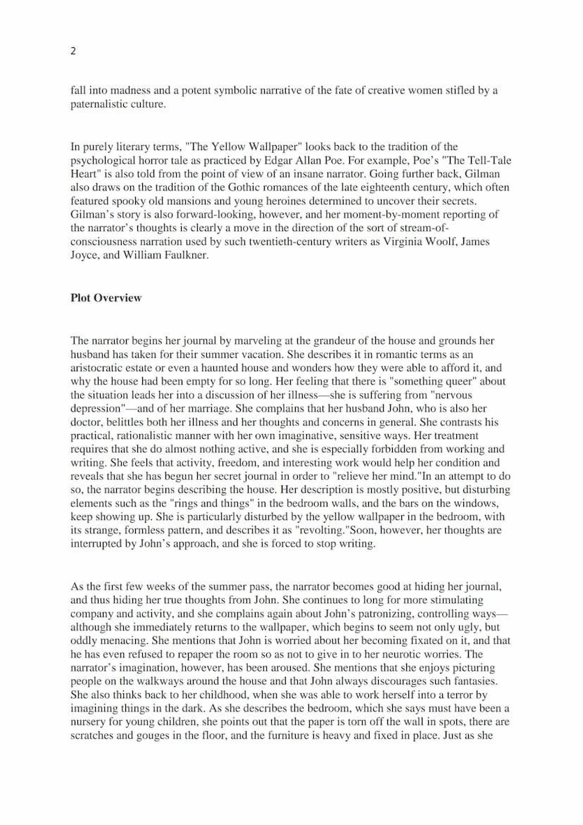 1
The Yellow Wallpaper Sparknote
Context
Charlotte Perkins Gilman was best known in her time as a crusading journalist and feminist
intellec