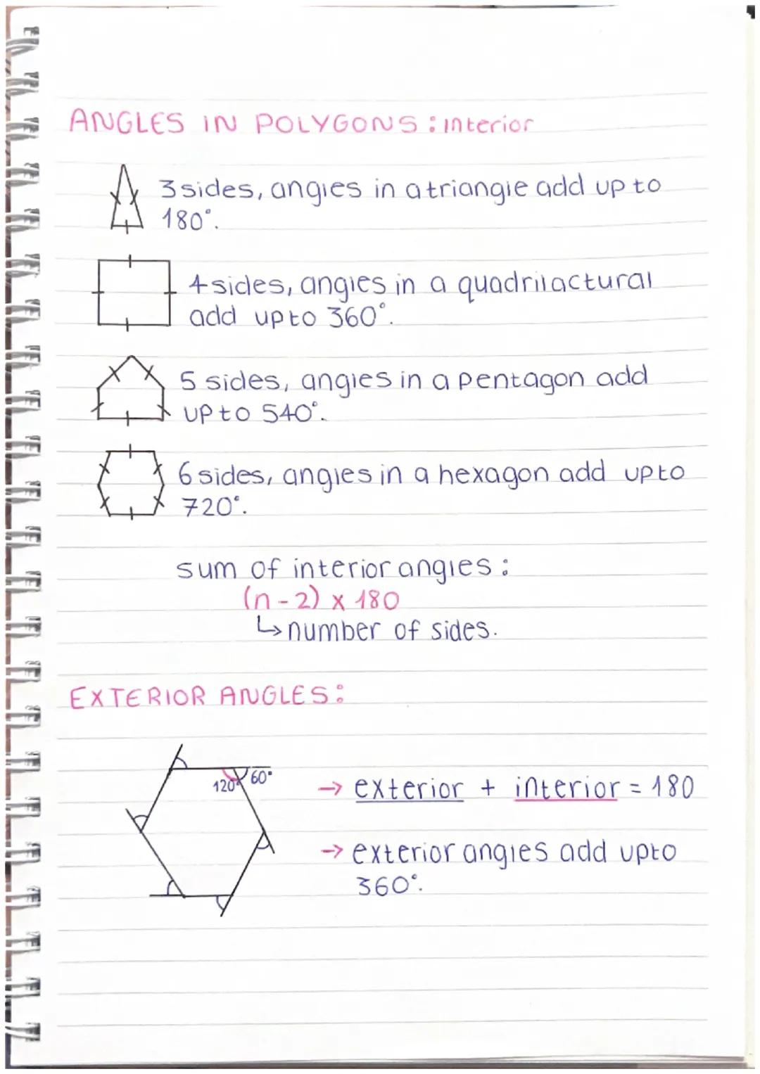 ANGLES IN POLYGONS: Interior
3 sides, angies in a triangle add up to
180°.
4 sides, angies in a quadrilactural
add up to 360°.
5 sides, angi