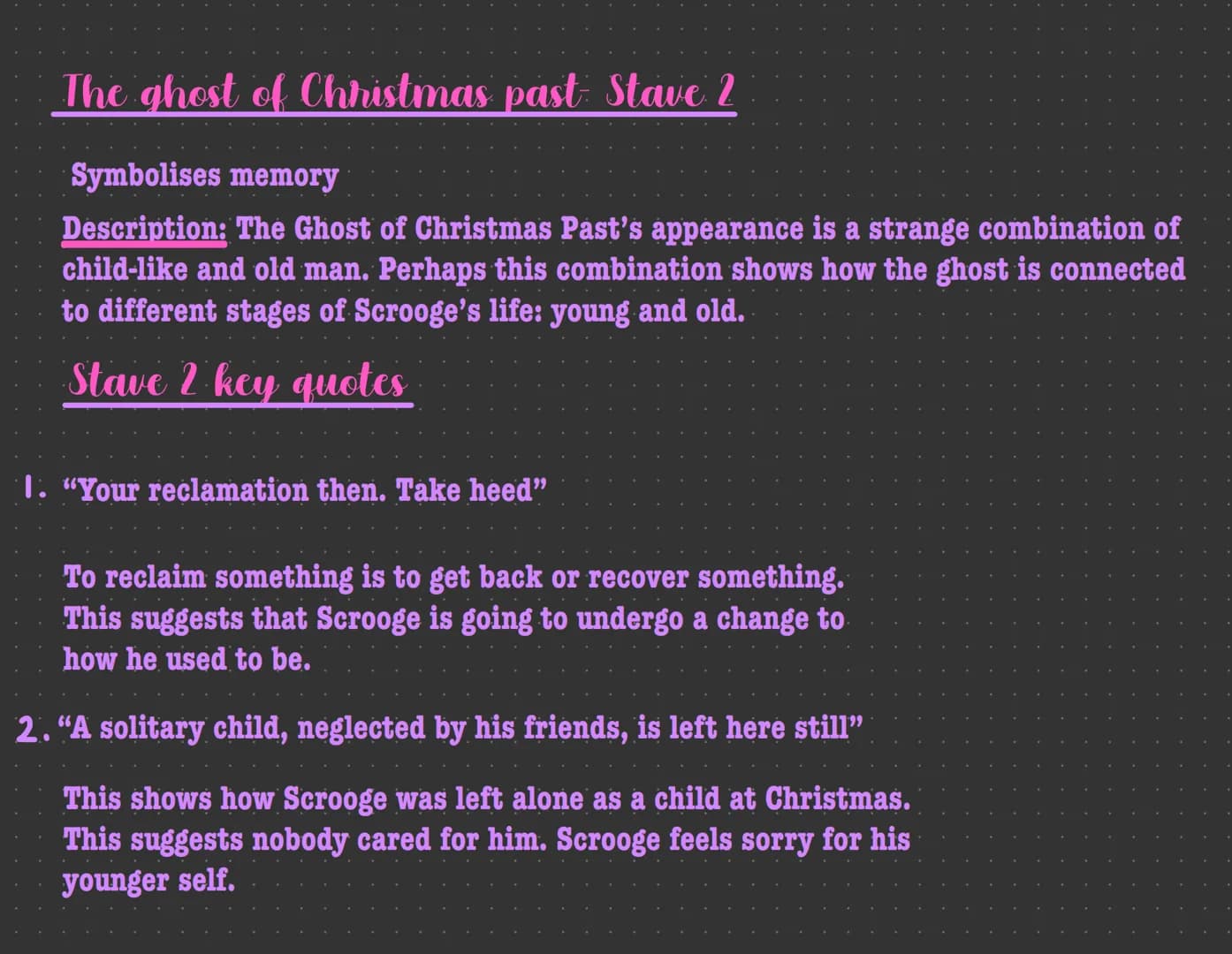 The ghost of Christmas past Stave 2
Symbolises memory
Description: The Ghost of Christmas Past's appearance is a strange combination of
chil