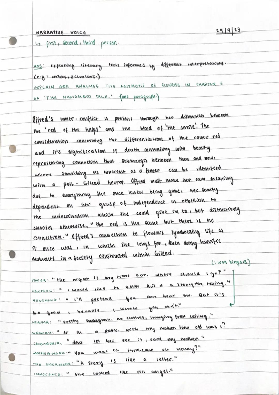 NARRATIVE VOICE
↳ first, second, third person.
29/9/23
Aos: exploring literary texts informed by different interpretations.
(eg: critics, & 