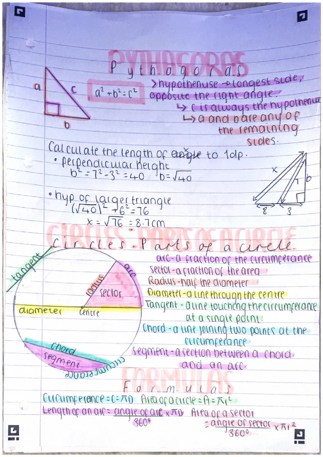 JH
a
C
b
Calculate the length of engle to 1dp.
• perpe-72-32 height.
6²=7²-3²=40 ³0=√40
Ausbur
• hyp of larger triangle
(√40)² +6² = 76
x=√7