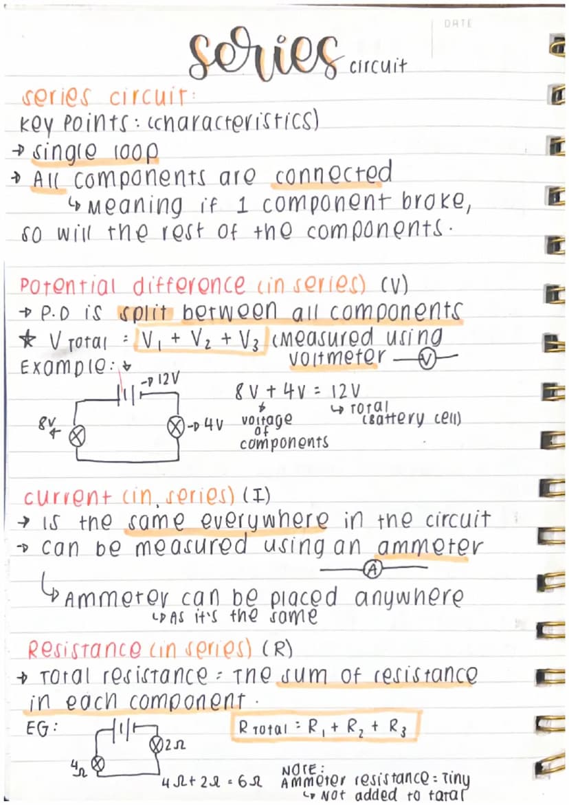 ELECTRIC
PHYSICS-P4
DATE
*Keywords:
* current (I): A measure of the flow of
electrons around the circuit.
" Measured in amps (a) [water
Pote