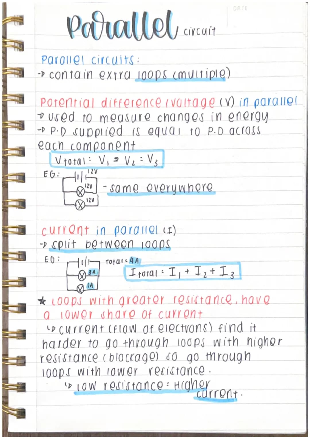 ELECTRIC
PHYSICS-P4
DATE
*Keywords:
* current (I): A measure of the flow of
electrons around the circuit.
" Measured in amps (a) [water
Pote
