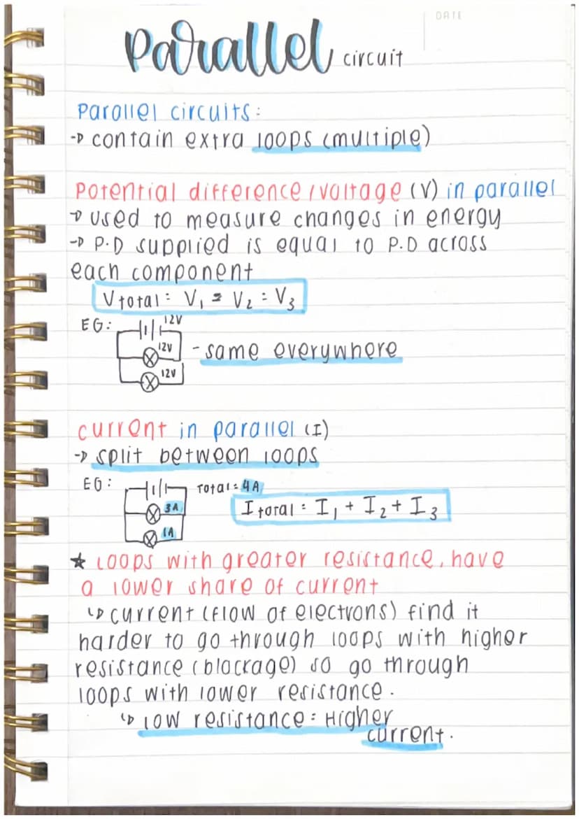 ELECTRIC
PHYSICS-P4
DATE
*Keywords:
* current (I): A measure of the flow of
electrons around the circuit.
" Measured in amps (a) [water
Pote