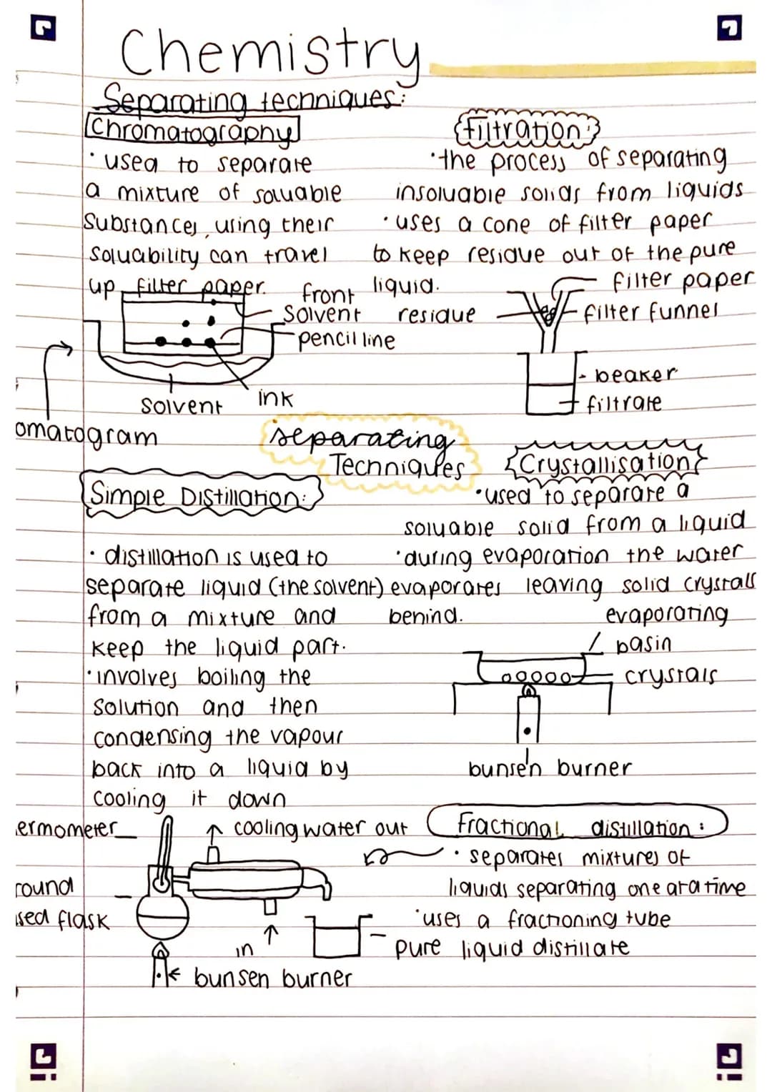 Chemistry
Separating techniques:
[Chromatography!
• used to separate
a mixture of saluable
Substances, using their
Soluability can travel
up