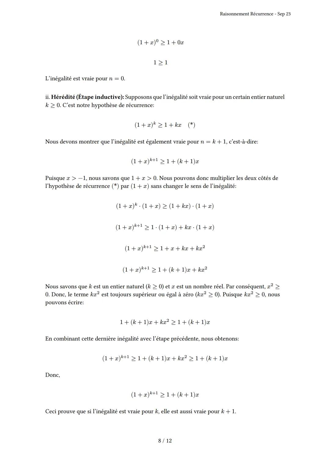 # Raisonnement Récurrence

Généré par Knowunity.fr - Sep 23

Description: Cet examen couvre le principe de récurrence, l'initialisation et l