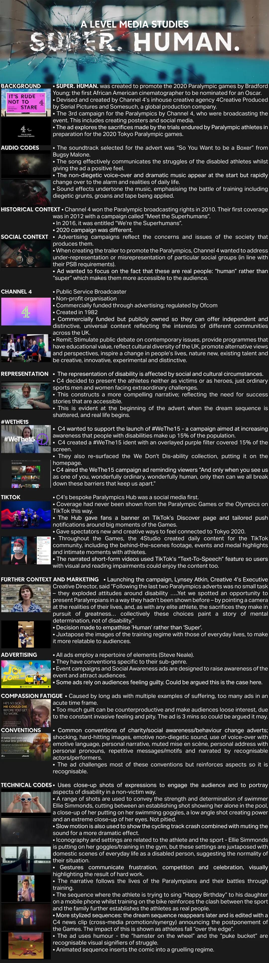 # A LEVEL MEDIA STUDIES
# SUPER. HUMAN.
* SUPER. HUMAN. was created to promote the 2020 Paralympic games by Bradford Young; the first Af