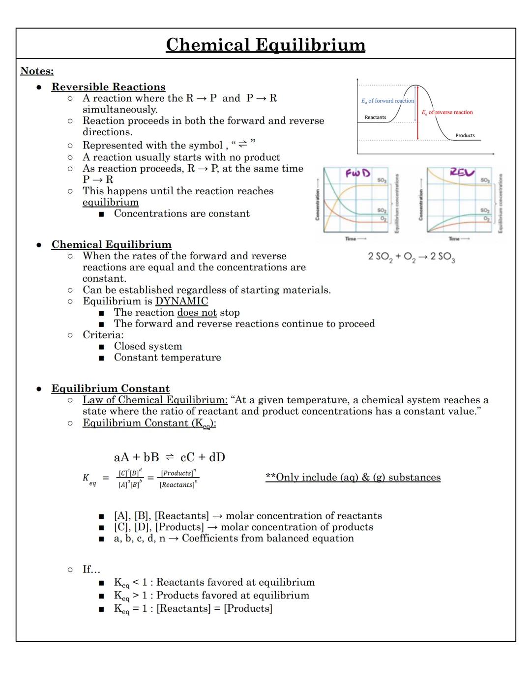 # Chemical Equilibrium
Notes:
• Reversible Reactions
• A reaction where the R → P and P → R
simultaneously.
• Reaction proceeds in both