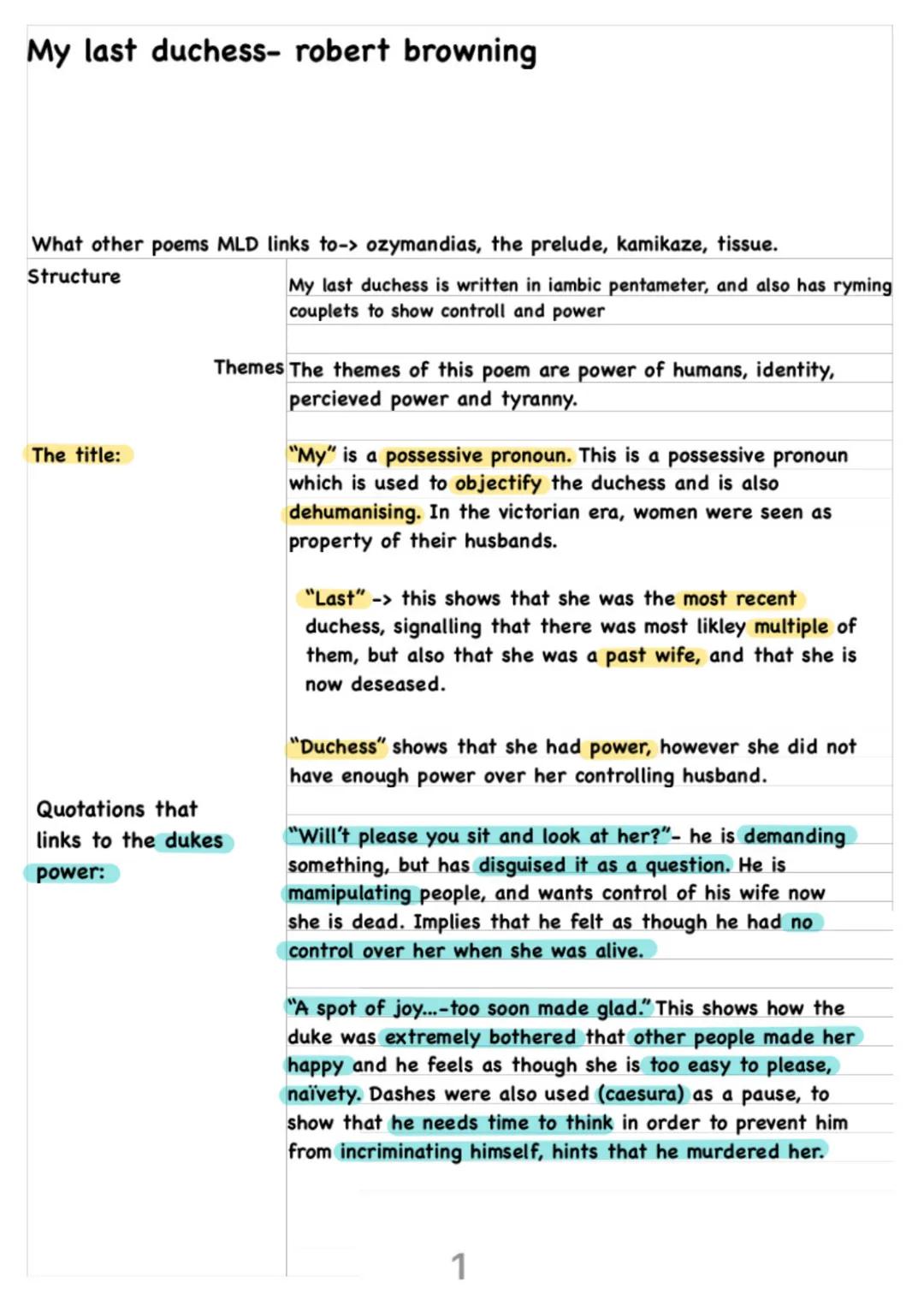 # My last duchess- robert browning
What other poems MLD links to-> ozymandias, the prelude, kamikaze, tissue.
Structure
My last duchess i