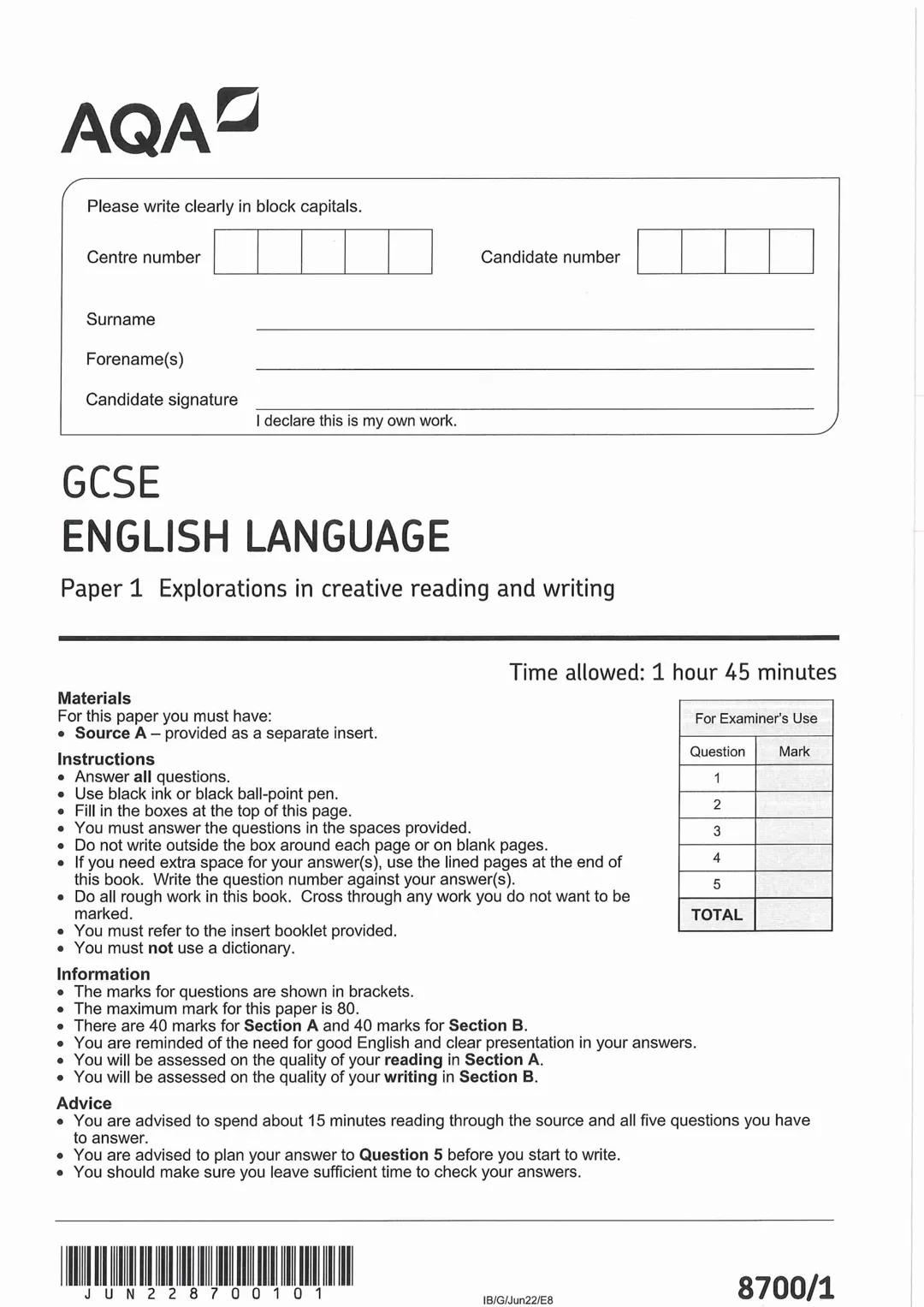 English Language Paper 1
Support Booklet
Fictional reading and writing
Name:...............
000000000000000000000000
This booklet comprises