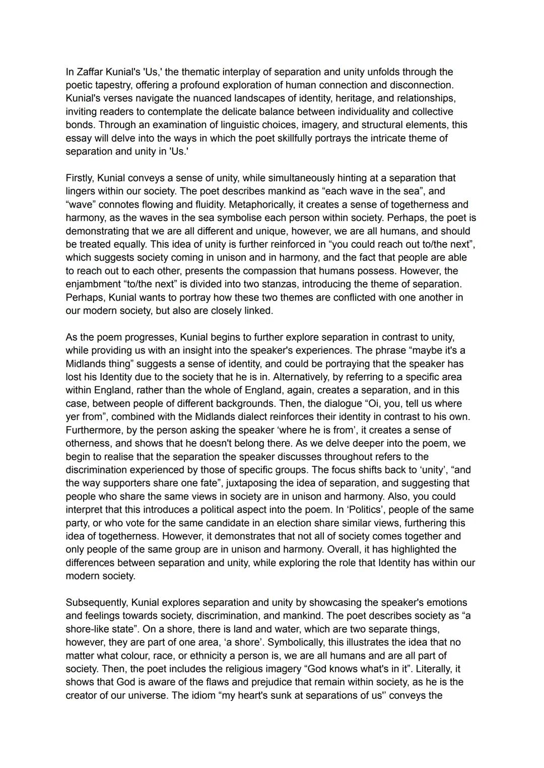 In Zaffar Kunial's 'Us,' the thematic interplay of separation and unity unfolds through the
poetic tapestry, offering a profound exploration