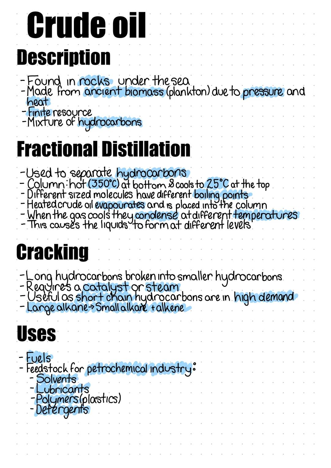 Crude oil
Description
-Found in rocks under the sea
Made from ancient biomass (plankton) due to pressure and
heat
-Finite resource
-Mixture