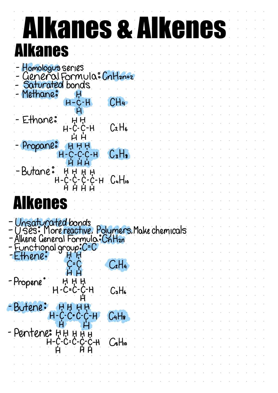 Alkanes & Alkenes
Alkanes
- Homologus series
- General Formula: CnHโn+2
Saturated bonds
- Methane: H
H-C-H
ะ
- Ethane: ะะ
H-C-C-H
AA
Propane