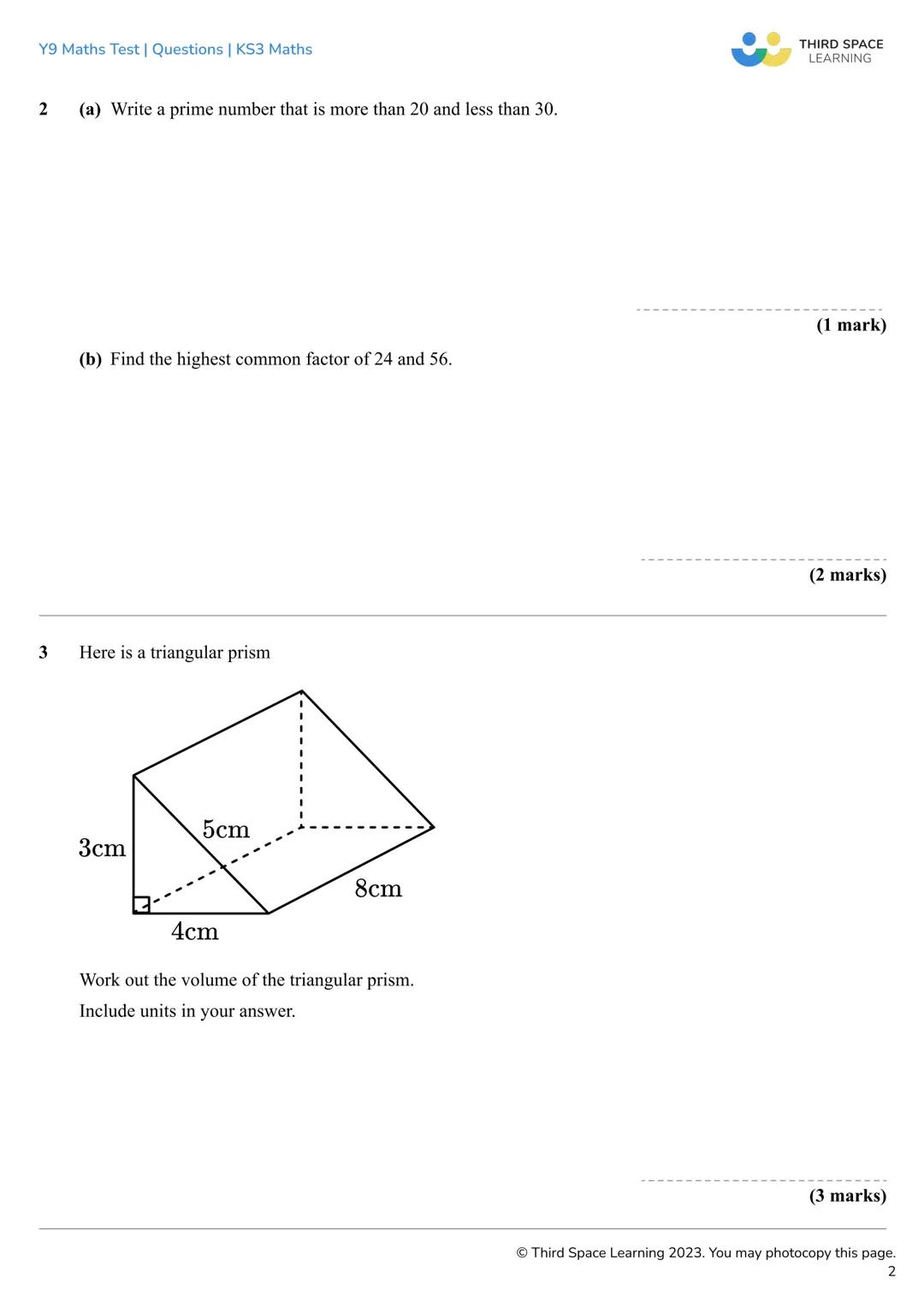 # THIRD SPACE
LEARNING
Year 9
Maths Test
Questions
KS3 Maths Y9 Maths Test | Questions | KS3 Maths
Year 9 Maths Test KS3 Maths
Name
Tot