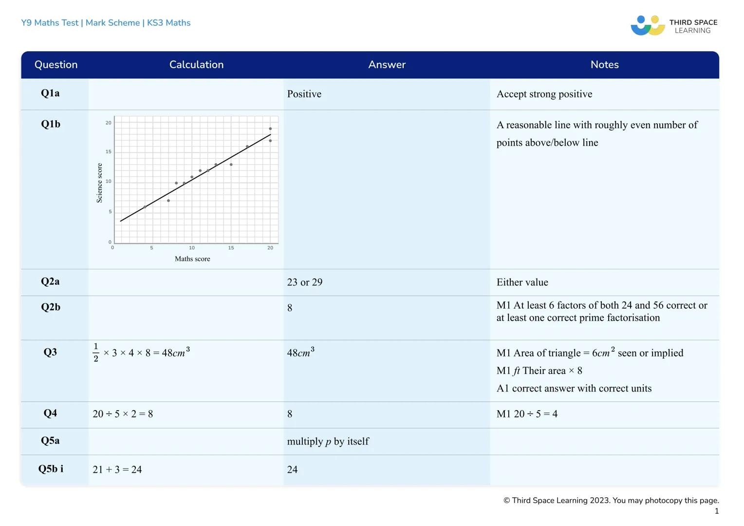 THIRD SPACE
LEARNING
Year 9
Maths Test
Mark Scheme
KS3 Maths Y9 Maths Test | Mark Scheme | KS3 Maths
Mark
0-8
9 - 20
Mark scheme and grade b
