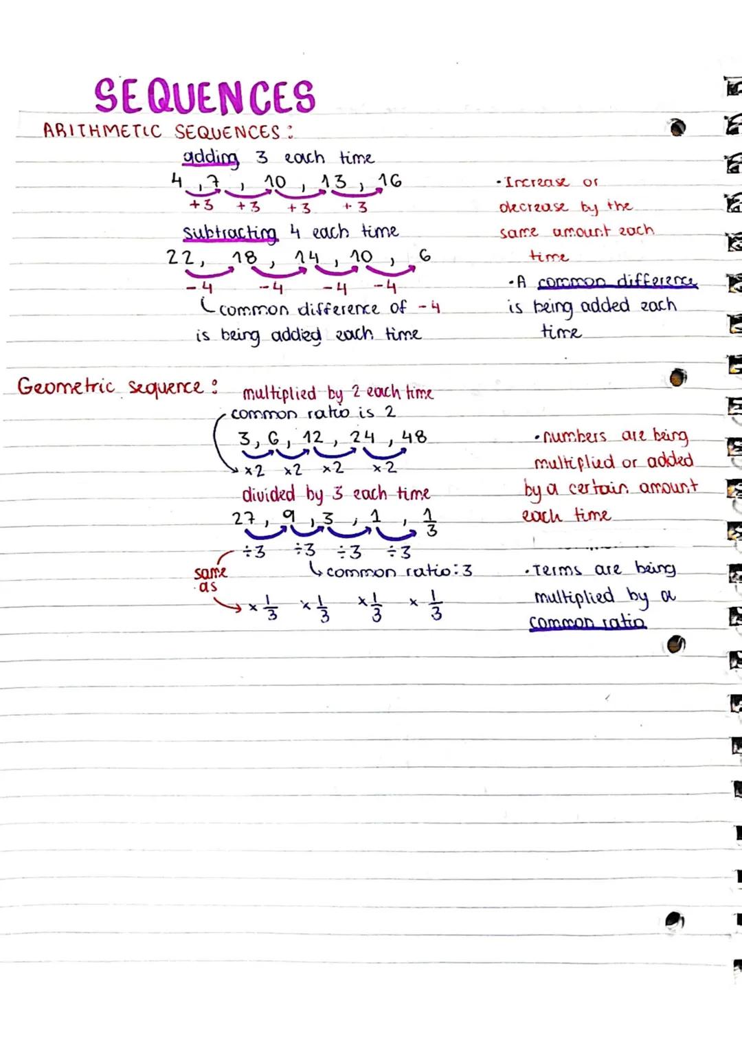 SEQUENCES
ARITHMETIC SEQUENCES:
adding 3 each time.
4
->
-)
+3 +3
Subtracting 4 each time
22, 18
14 10
-4
+3
10 13 16
)
same
ยทas
-4-
}
+3
J