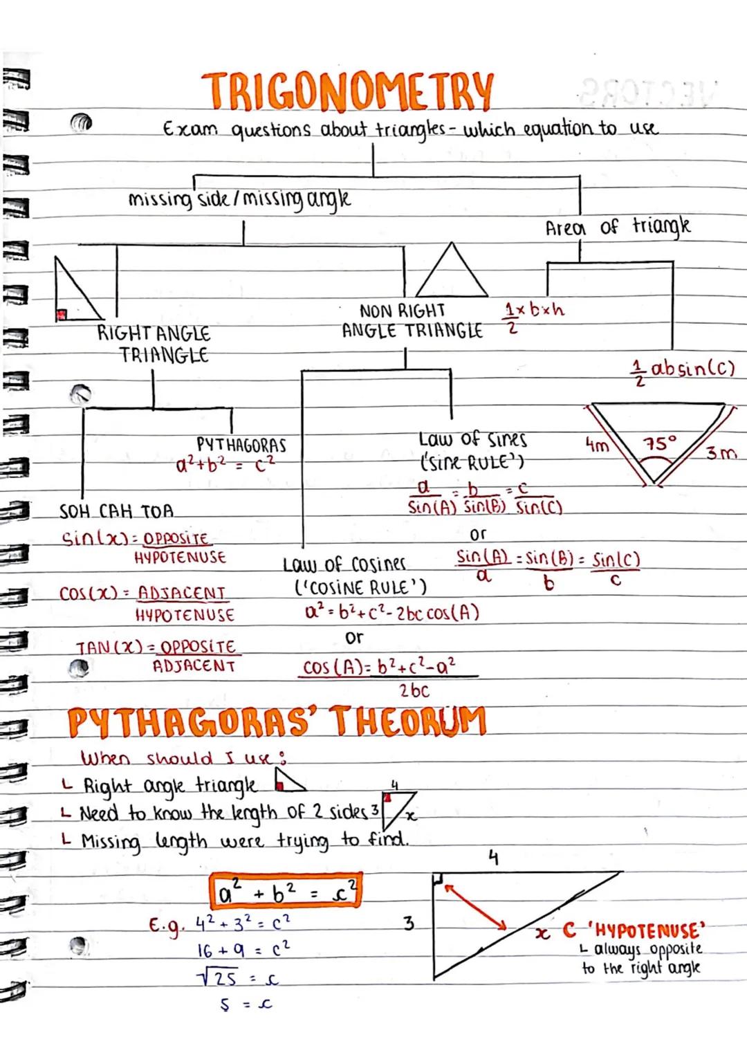 TRIGONOMETRY
Exam questions about triangles - which equation to use
missing side/missing angle
RIGHT ANGLE
TRIANGLE
PYTHAGORAS
aยฒ+ bยฒ = cยฒ
S