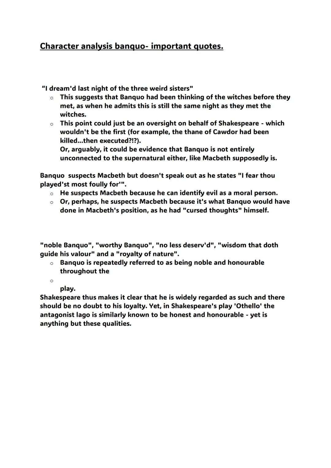 Character analysis banquo- important quotes.
"I dream'd last night of the three weird sisters"
O This suggests that Banquo had been thinking