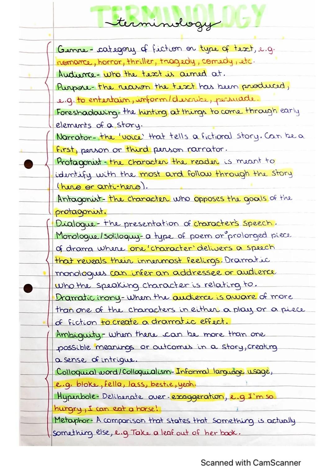# terminologyY
Genre category of fiction on type of text, e.g.
nemance, horror, thriller, tragedy, comedy, etc.
Audience who the text is a