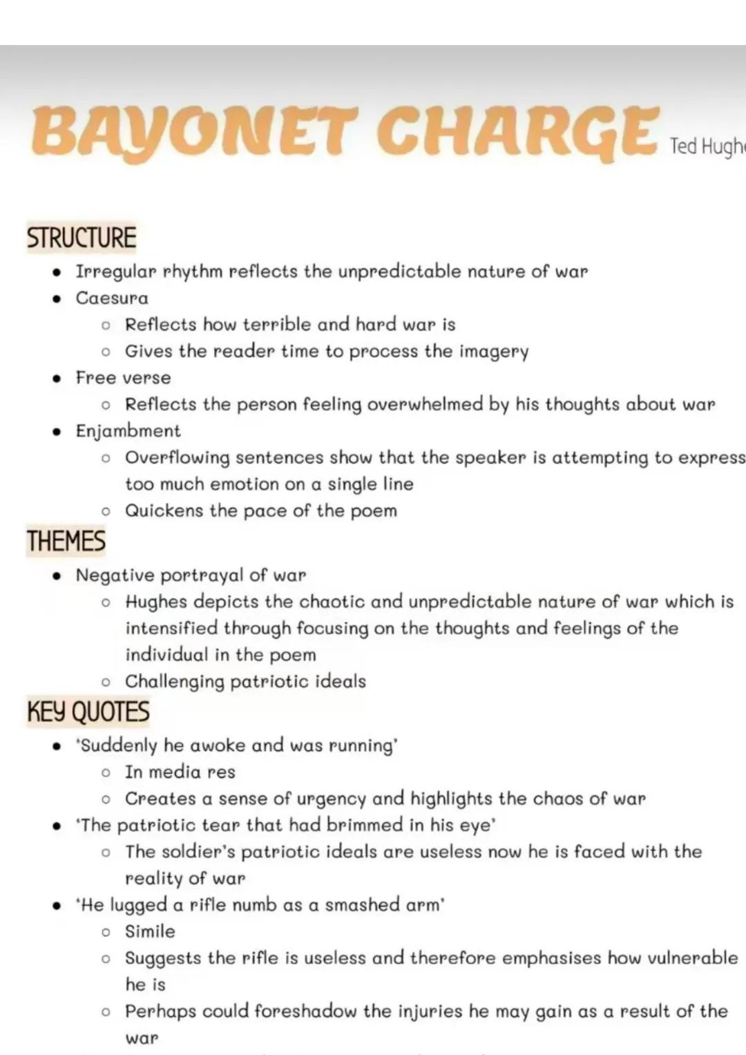# BAYONET CHARGE Ted Hugh
STRUCTURE
* Irregular rhythm reflects the unpredictable nature of war
* Caesura
* Reflects how terribl