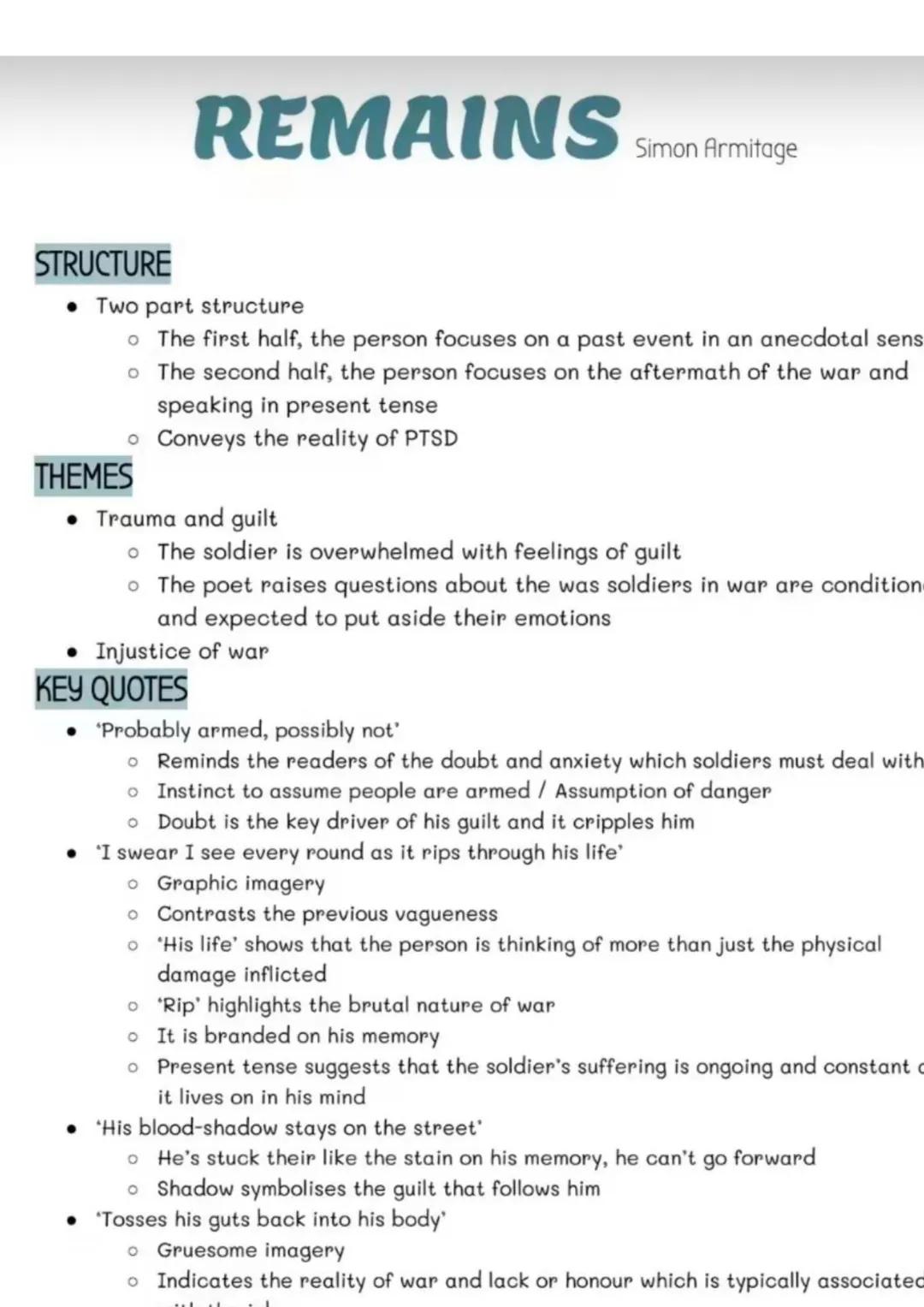 # REMAINS Simon Armitage
# STRUCTURE
* Two part structure
* The first half, the person focuses on a past event in an anecdotal sen